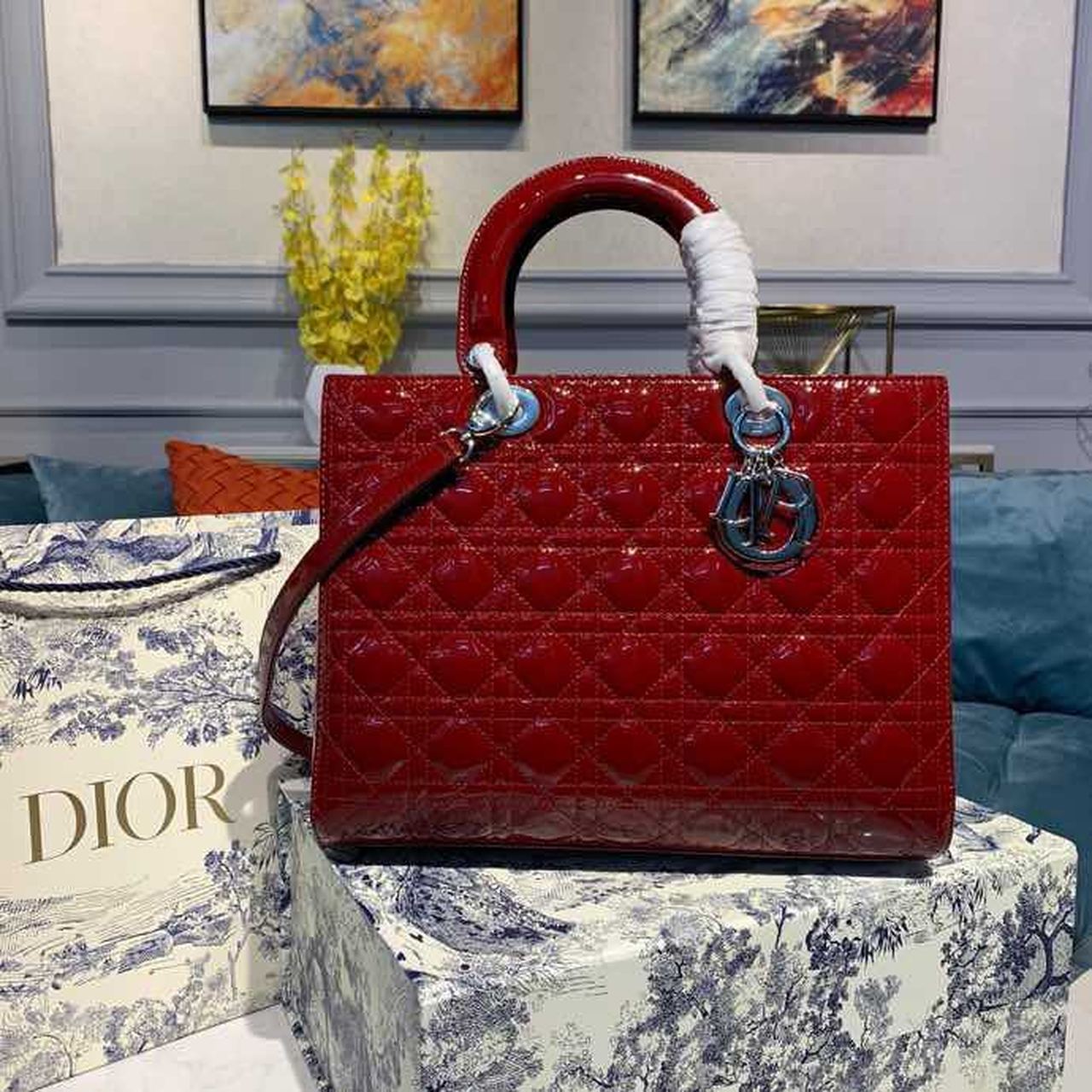 Christian Dior Large Lady Dior Bag Silver Hardware Cherry Red Patent For Women 12.5in/32cm CD - Soul Replicas
