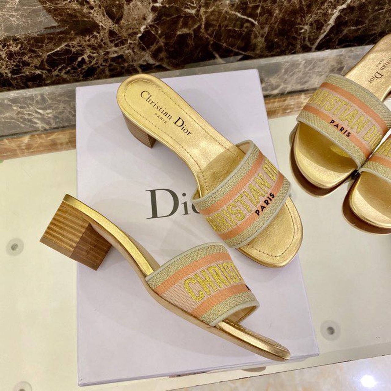 Christian Dior Dway Heeled Slide Gold-Tone Cotton Embroidered With Metallic Thread And Strass Gold For Women CD - Soul Replicas