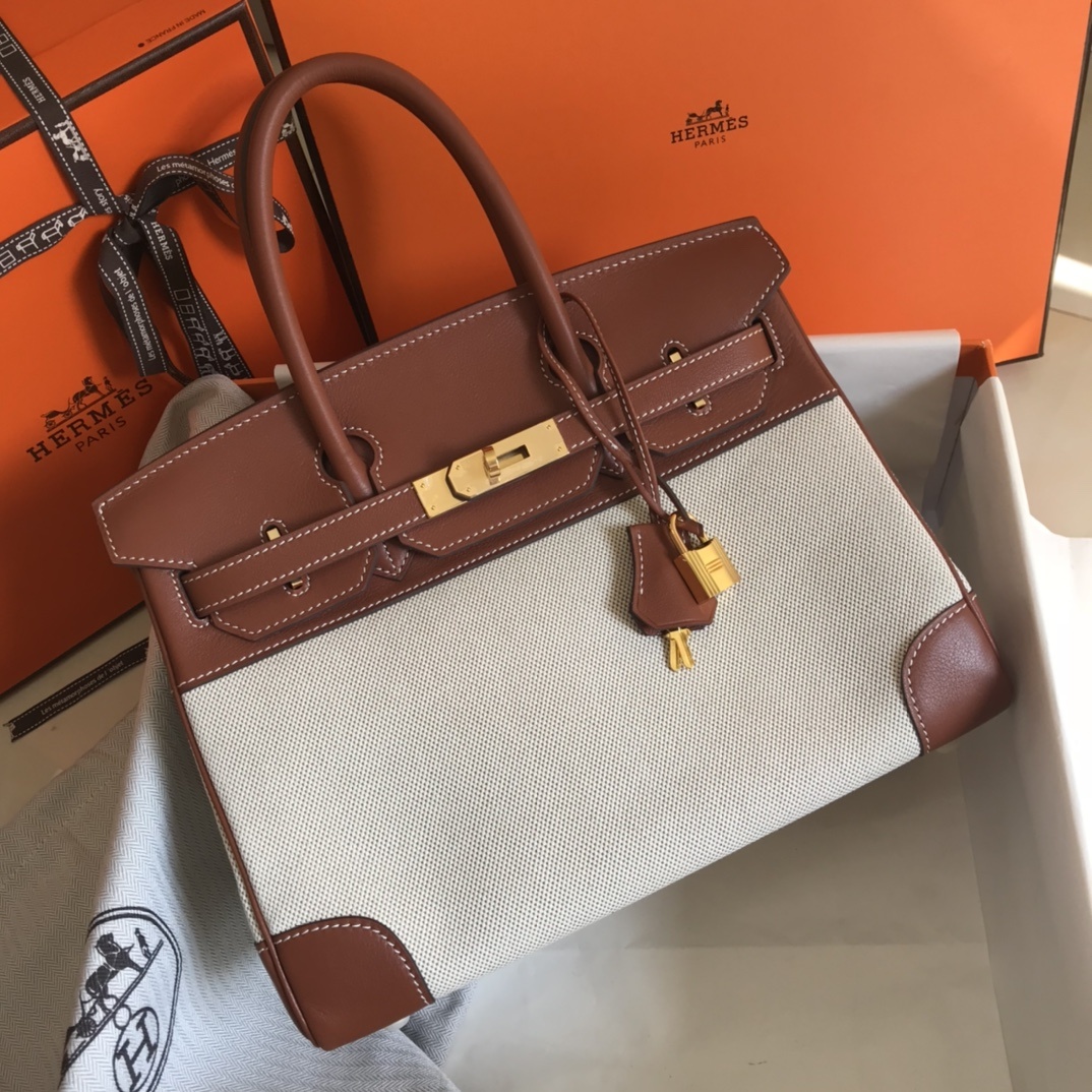 Hermes Birkin Bag Toile and Brown Barenia with Gold Hardware For Women. Women-s Handbags. Shoulder Bags 30cm/12in - Soul Replicas