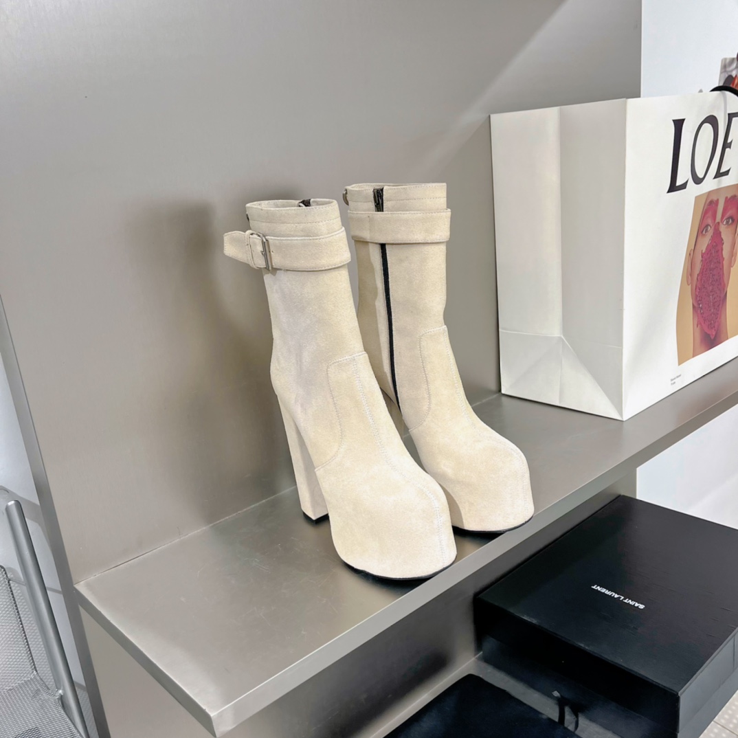 Yves Saint Laurent Women's Cherry Buckle Platform Booties White For Women YSL - Soul Replicas