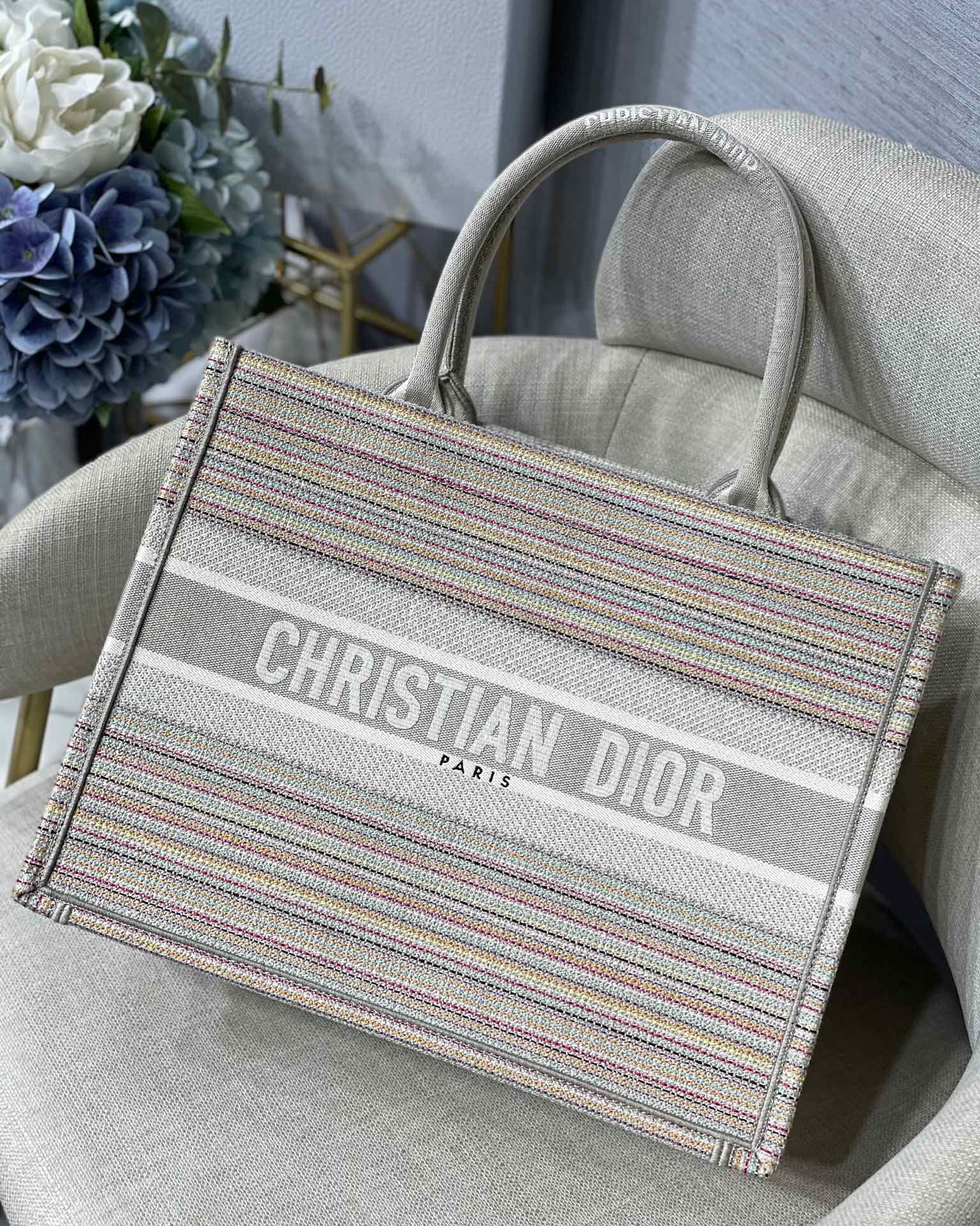 Christian Dior Large Dior Book Tote Bag Canvas Stripes Embroidery For Women 42cm/16.5in CD - Soul Replicas