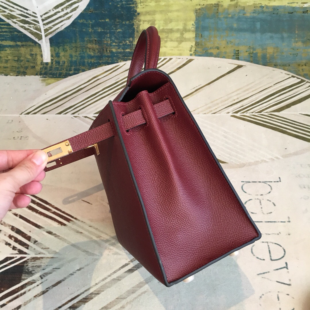 Hermes Kelly Burgundy For Women Gold Toned Hardware 10in/25cm - Soul Replicas