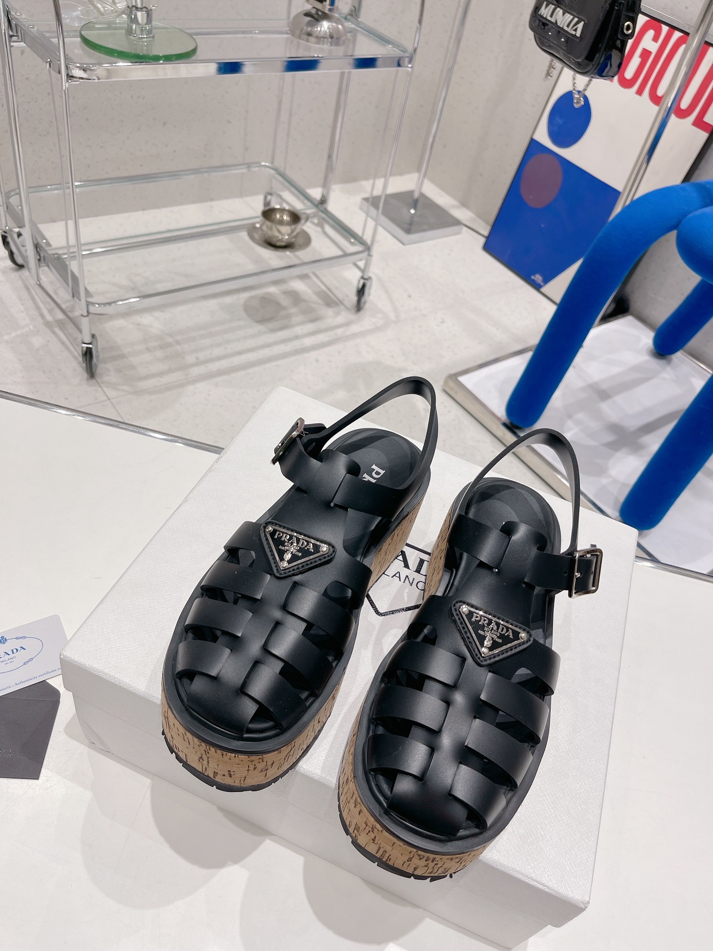 Prada Rubber Wedge Platform Sandals Black For Women 2.9in/75mm Prada 1X853M_3LLP_F0002_F_B075 - Soul Replicas