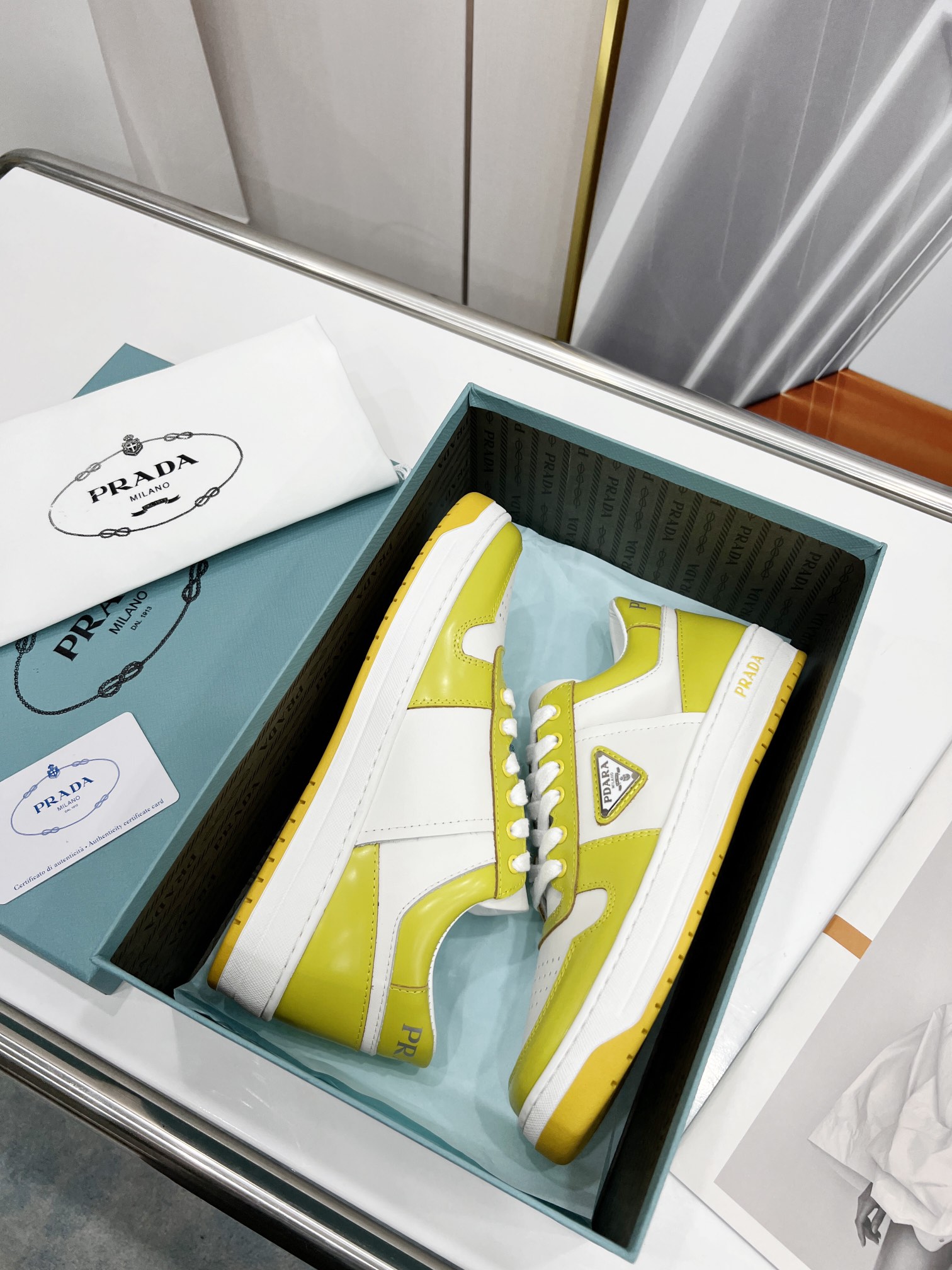 Prada Downtown Perforated Sneakers Yellow/White For Women 1.2in/30mm Prada 2EE364_3LKG_F0A7U - Soul Replicas