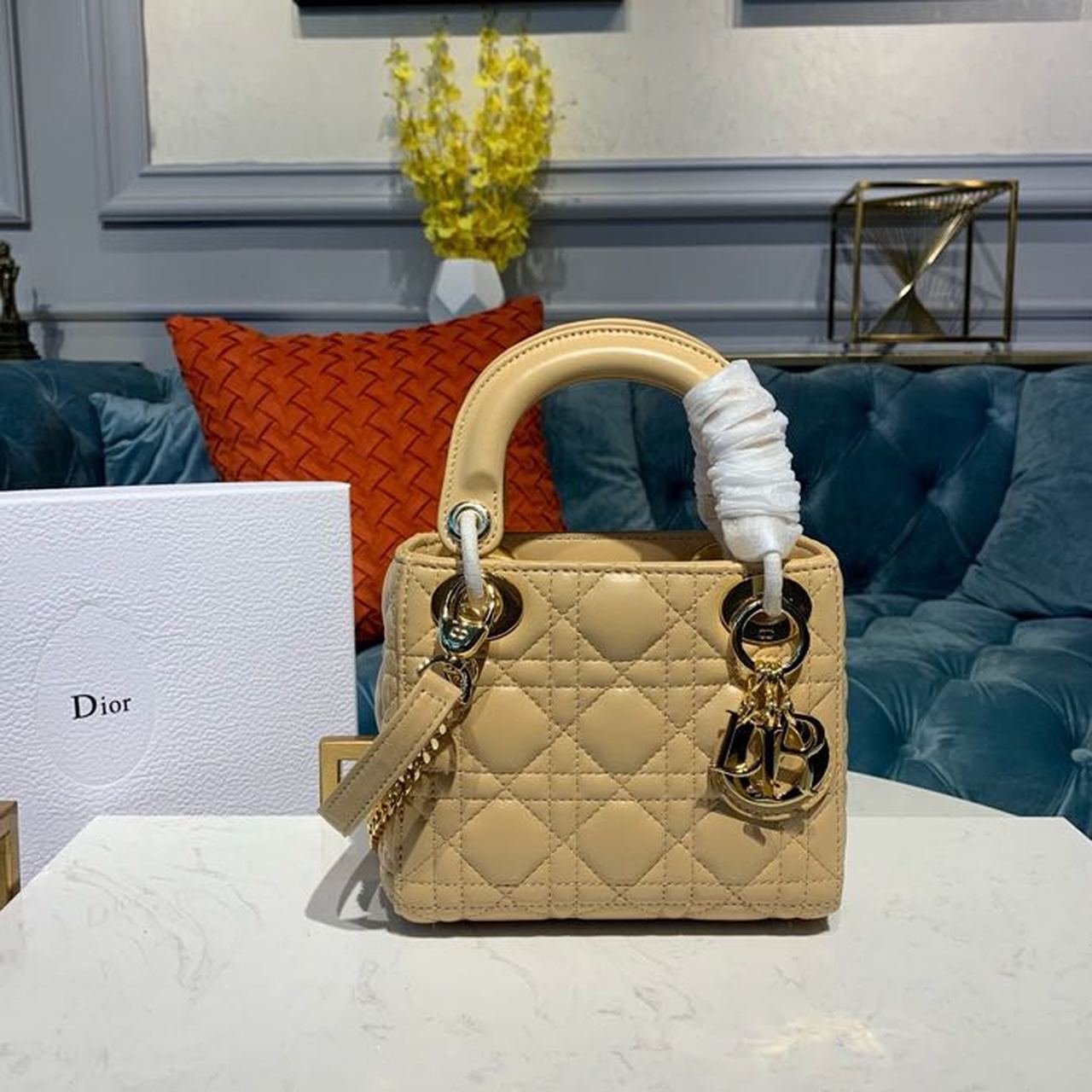 Christian Dior Mini Lady Dior Bag with Chain Gold Toned Hardware Pale Yellow For Women 6.5in/17cm CD - Soul Replicas
