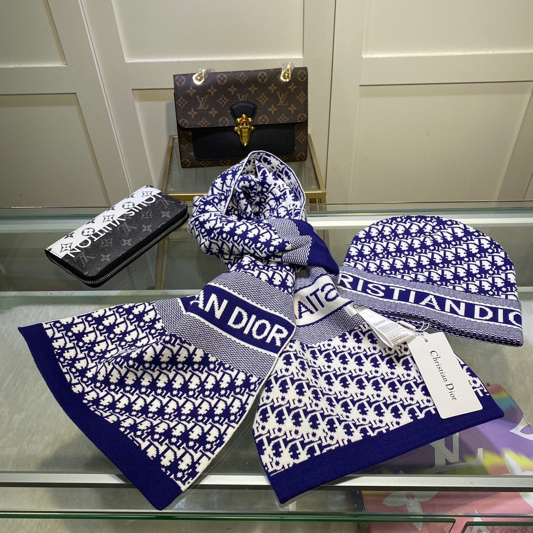 Dior Pompom Beanie & Scarf Set In Blue - Soul Replicas