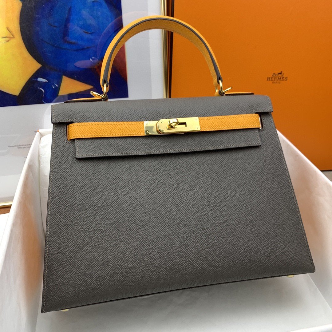 Hermes Kelly 28 Sellier Epsom Dark Grey/Yellow Bag For Women. Women-s Handbags. Shoulder Bags 11in/28cm - Soul Replicas