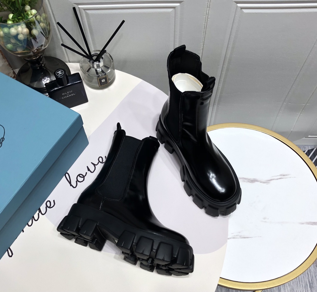 Prada Monolith Brushed Boots Shiny Black For Women 2.2in/55mm Prada - Soul Replicas