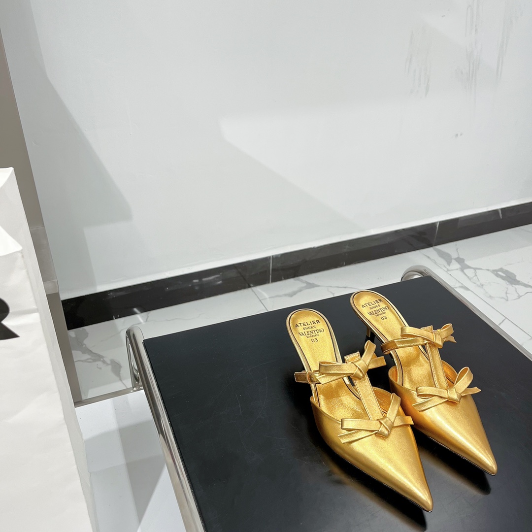 Valentino Garavani Ribbon Strap Stiletto Mule Slipper Gold For Women T024HL146 - Soul Replicas