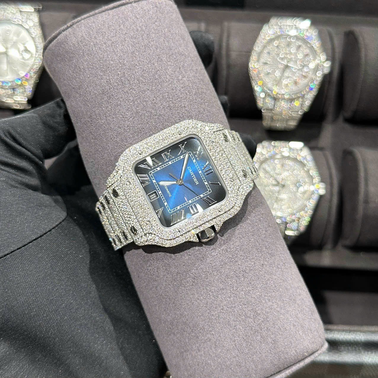 Cartier Santos Best Replica Watch With Full Natural Diamond VVS Blue Dial 39.8mm - Soul Replicas