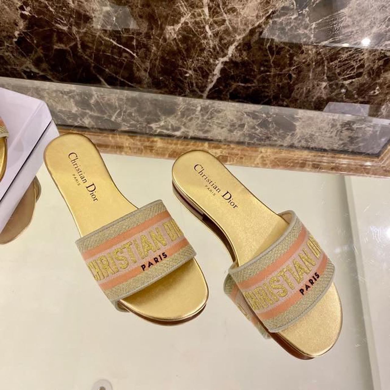 Christian Dior Dway Slide Embroidered Cotton Gold For Women CD - Soul Replicas