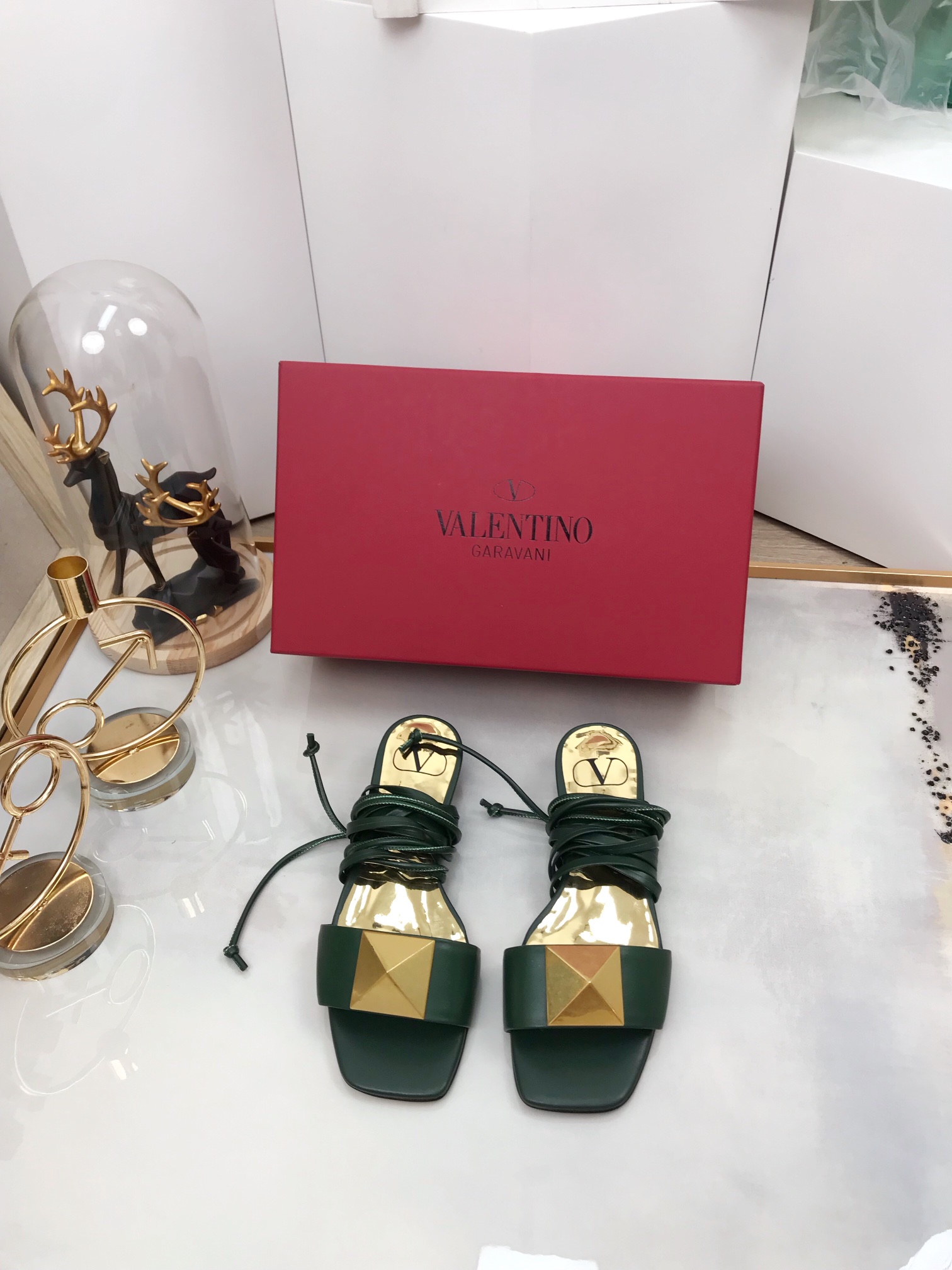 Valentino Garavani One Stud Gladiator Flat Sandals Dark Green For Women WS0EK9CYI - Soul Replicas