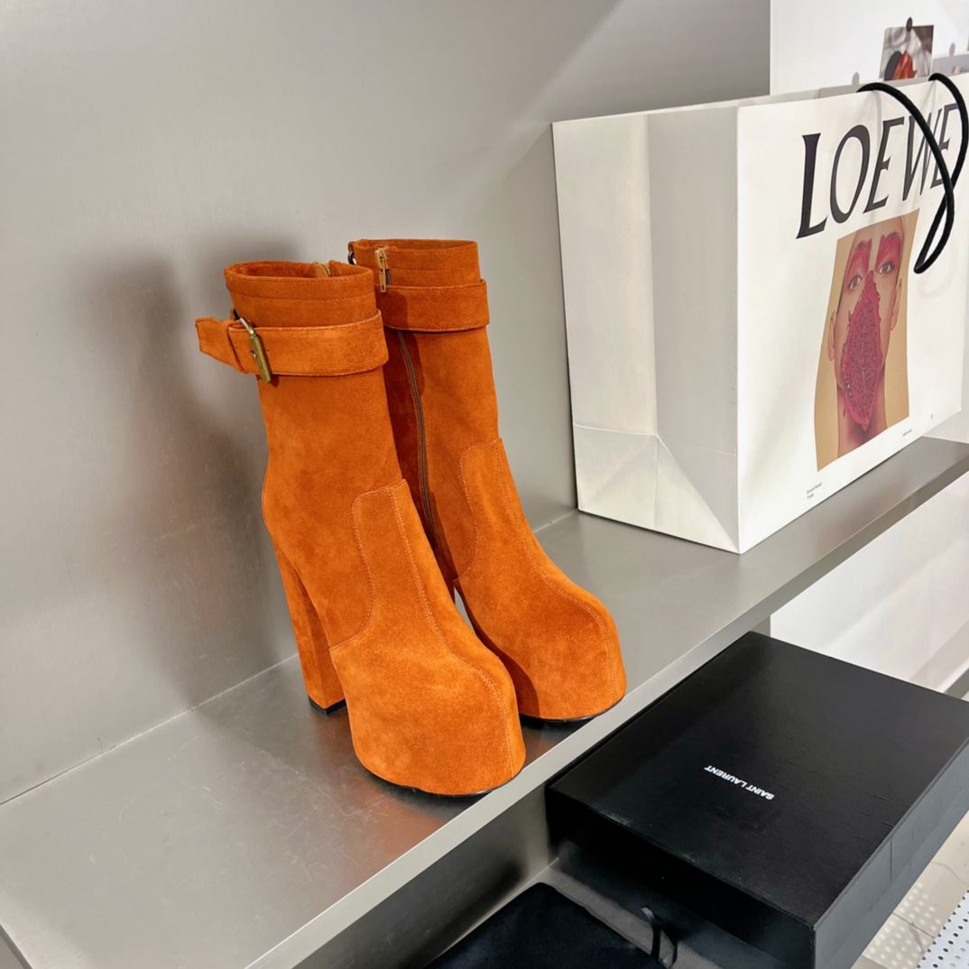 Yves Saint Laurent Women's Cherry Buckle Platform Booties Orange For Women YSL - Soul Replicas