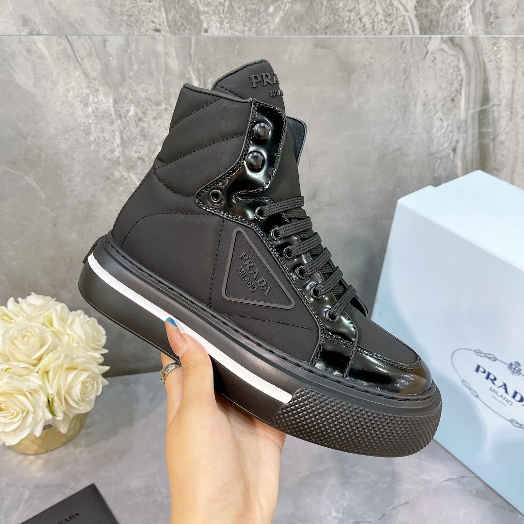 Prada Macro Re-Nylon And Brushed High-Top Sneakers Black For Women 1.8in/45mm Prada 1T642M_3LF5_F0632_F_B045 - Soul Replicas