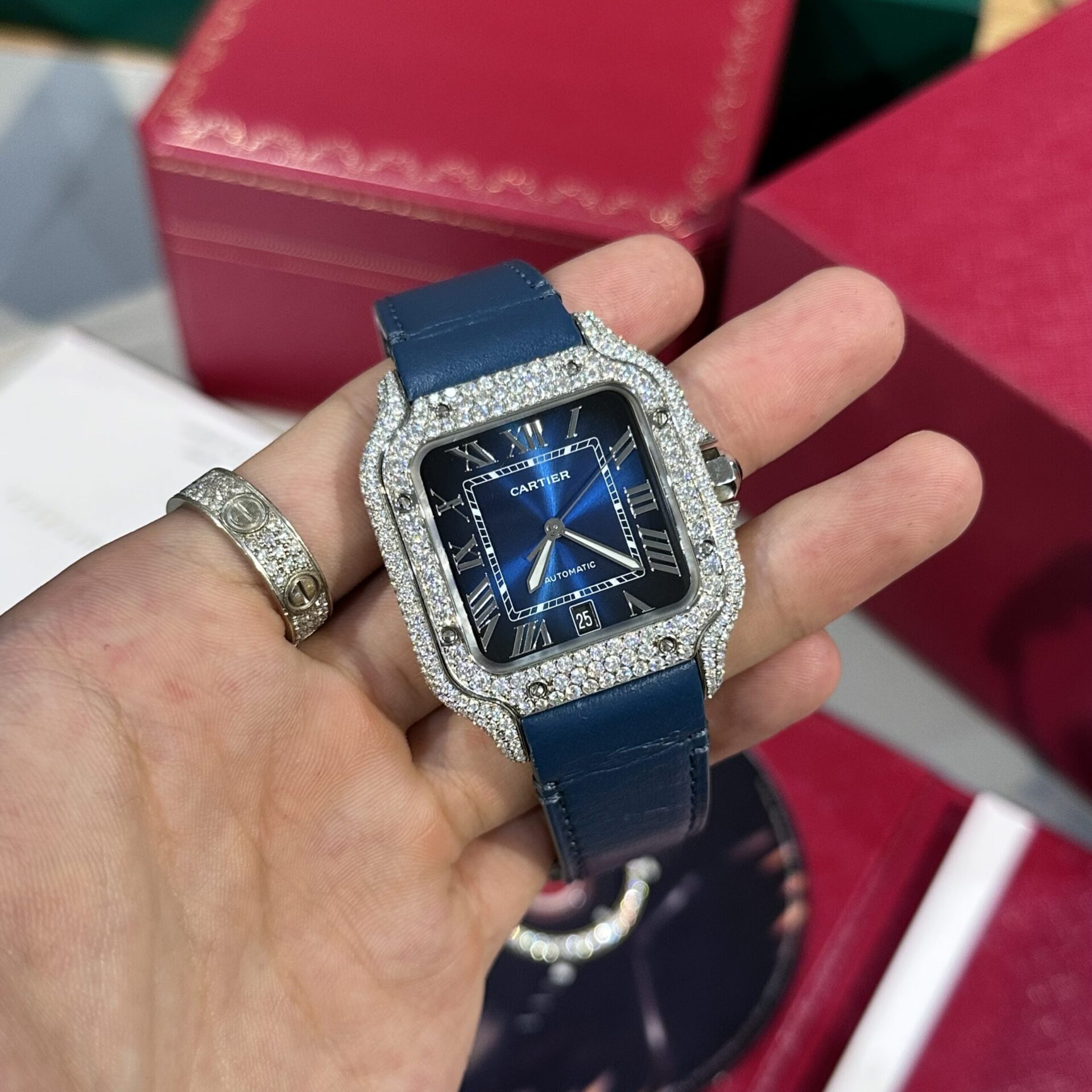 Cartier Santos Replica Watch Blue Dial Custom Moissanite Diamonds 39.8mm - Soul Replicas