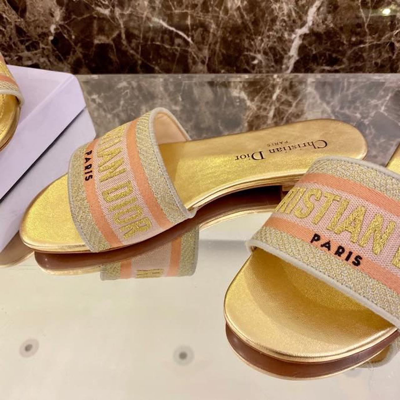 Christian Dior Dway Slide Embroidered Cotton Gold For Women CD - Soul Replicas