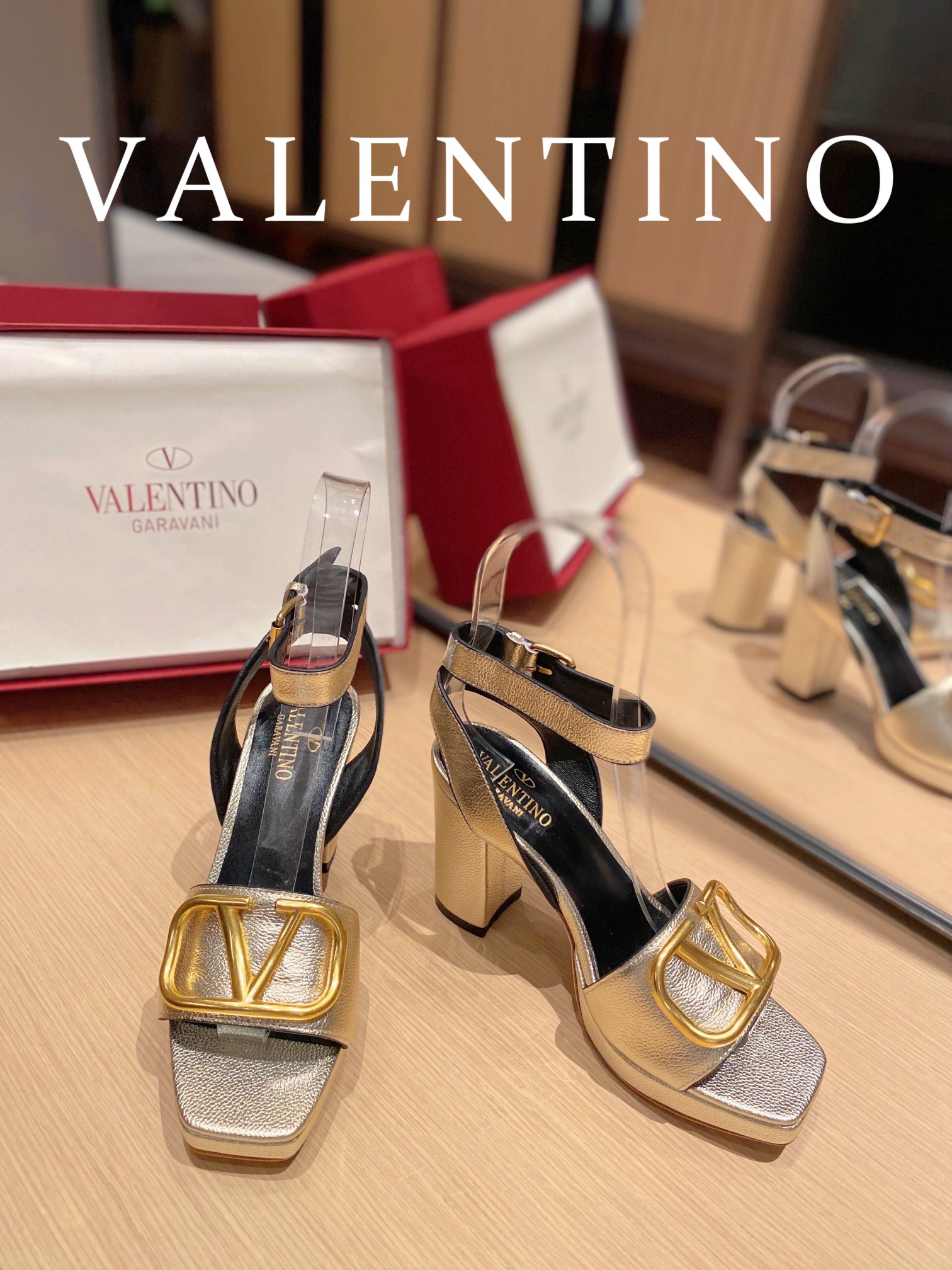 Valentino Garavani Strap Heeled Sandals With V Logo Signature Embellishment Gold For Women - Soul Replicas