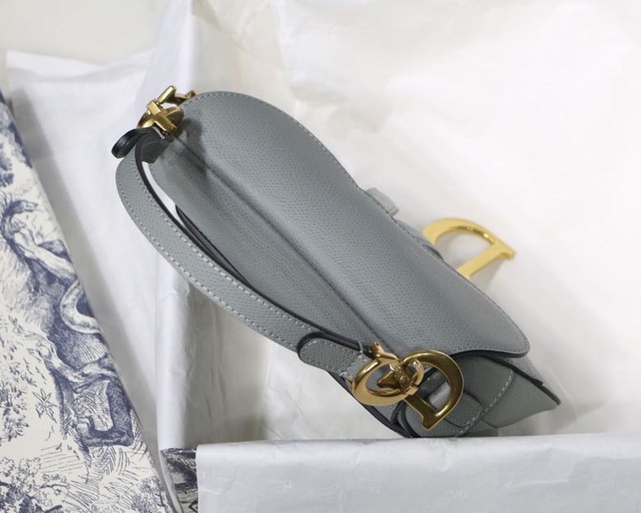 Christian Dior Saddle Bag Light Blue Grained Gold Toned Hardware Canvas For Women 19.5cm/7.6in CD - Soul Replicas
