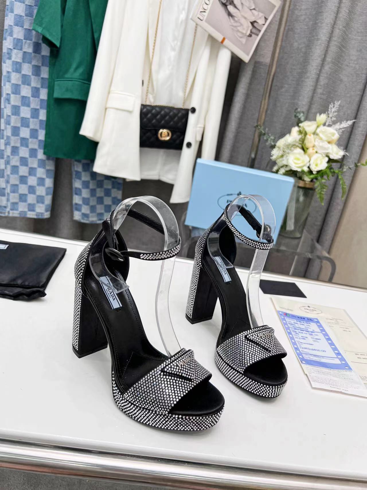 Prada Satin Platform Sandals With Crystals Black For Women 5.3in/135mm Prada 1XP53B_2AWL_F0T7O_F_135 - Soul Replicas