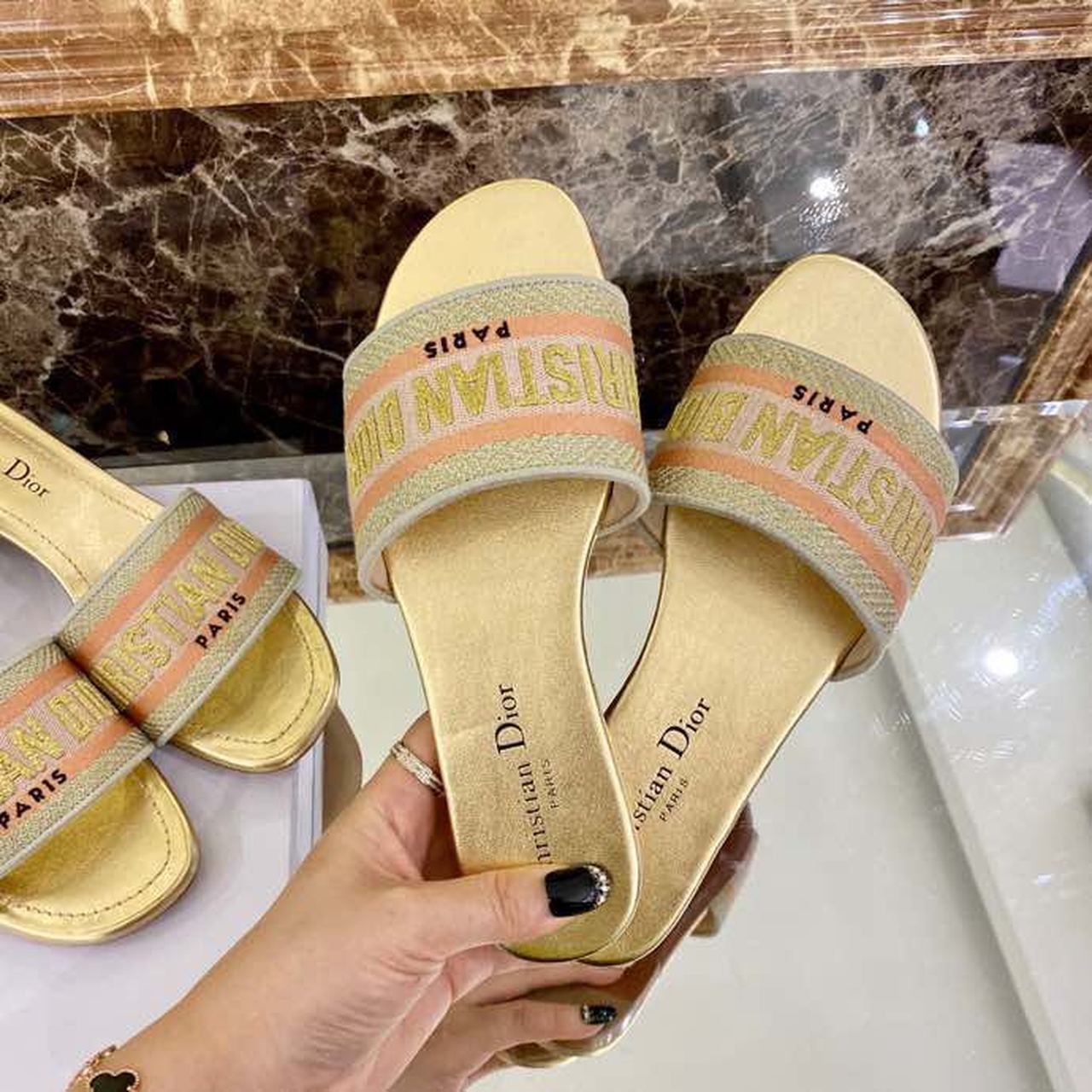 Christian Dior Dway Slide Embroidered Cotton Gold For Women CD - Soul Replicas