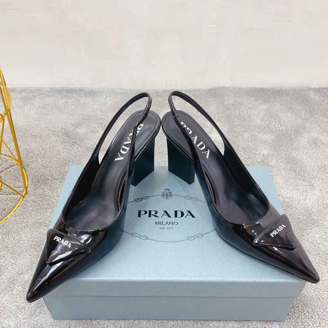 Prada Patent Sling-Back Pumps Black For Women 3.5in/90mm Prada - Soul Replicas