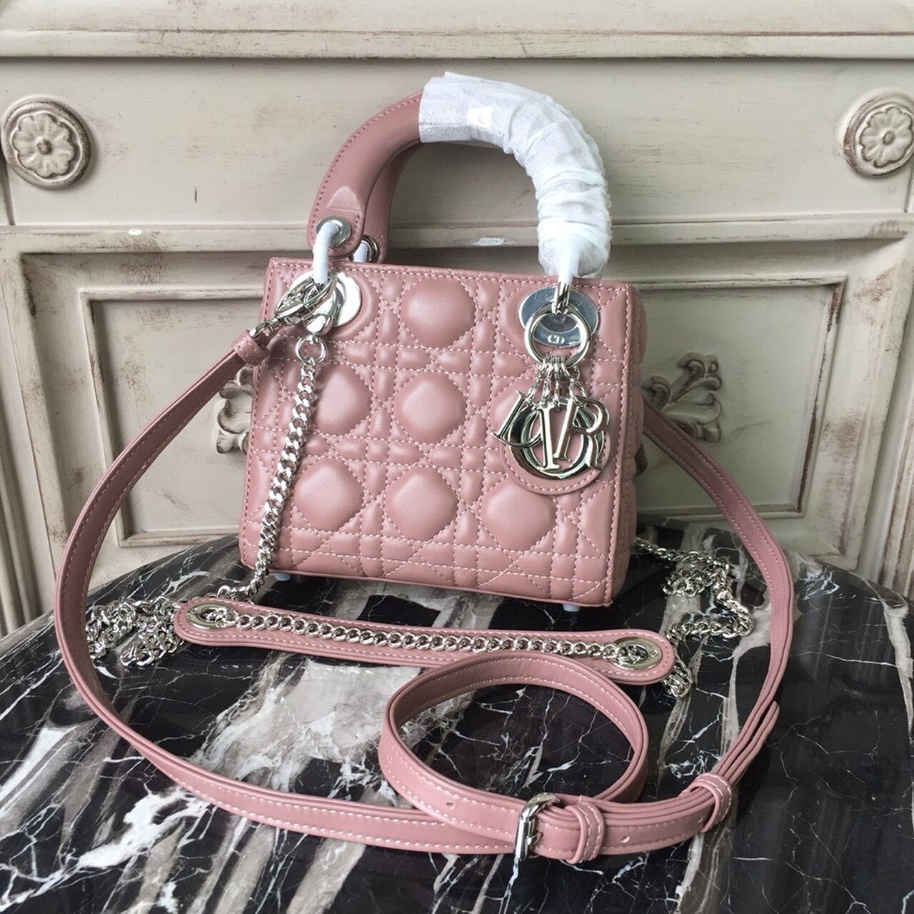 Christian Dior Mini Lady Dior Bag with Chain Silver Hardware Dusty Pink For Women 6.5in/17cm CD - Soul Replicas