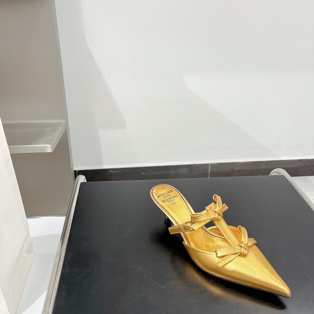Valentino Garavani Ribbon Strap Stiletto Mule Slipper Gold For Women T024HL146 - Soul Replicas