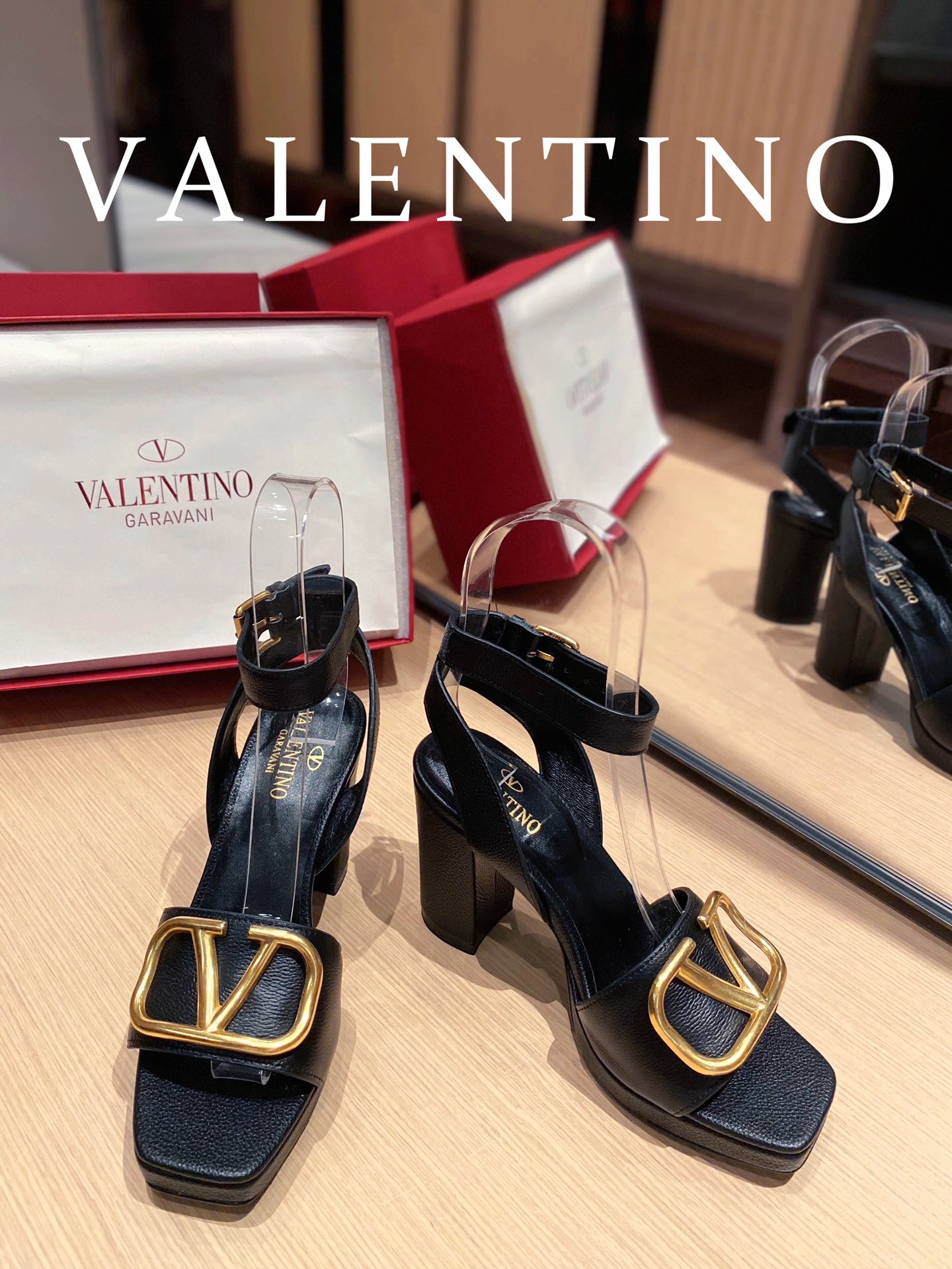Valentino Garavani Strap Heeled Sandals With V Logo Signature Embellishment Black For Women - Soul Replicas