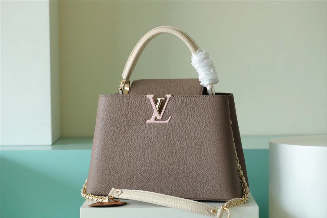 Louis Vuitton Capucines MM Taurillon Smokey Brown Green/ Creme/ Pink For Women. Women's Bags. Shoulder And Crossbody Bags 12.4in/31.5cm LV M59516 - Soul Replicas