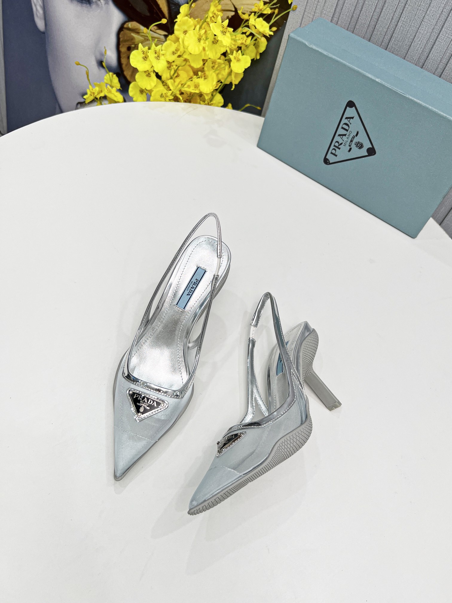 Prada Mesh Fabric Slingback Pumps Silver For Women Prada - Soul Replicas