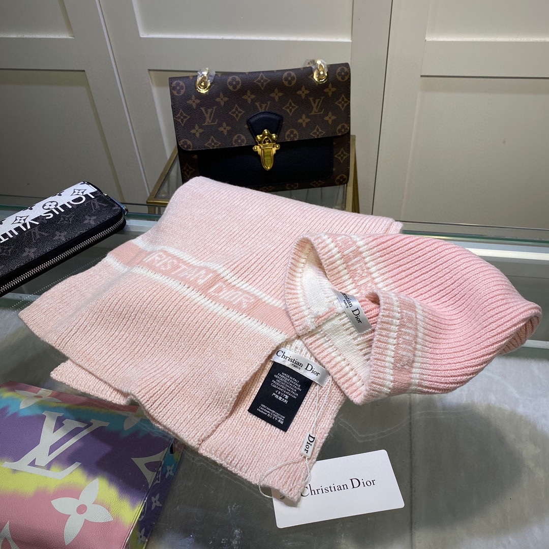 Dior Pompom Beanie & Scarf Set In Pink - Soul Replicas