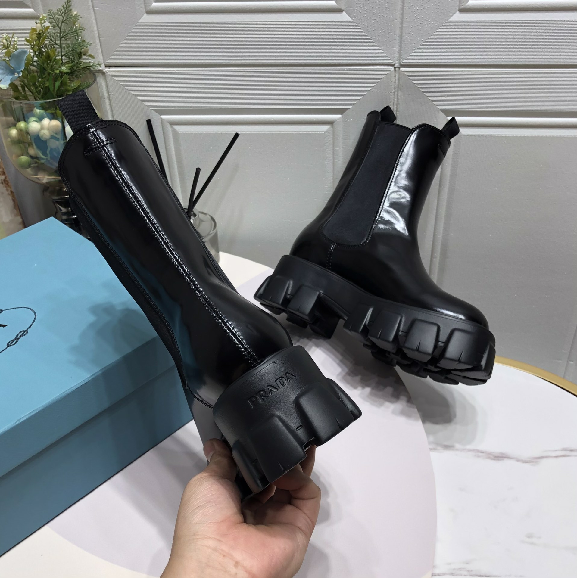 Prada Monolith Brushed Boots Shiny Black For Women 2.2in/55mm Prada - Soul Replicas