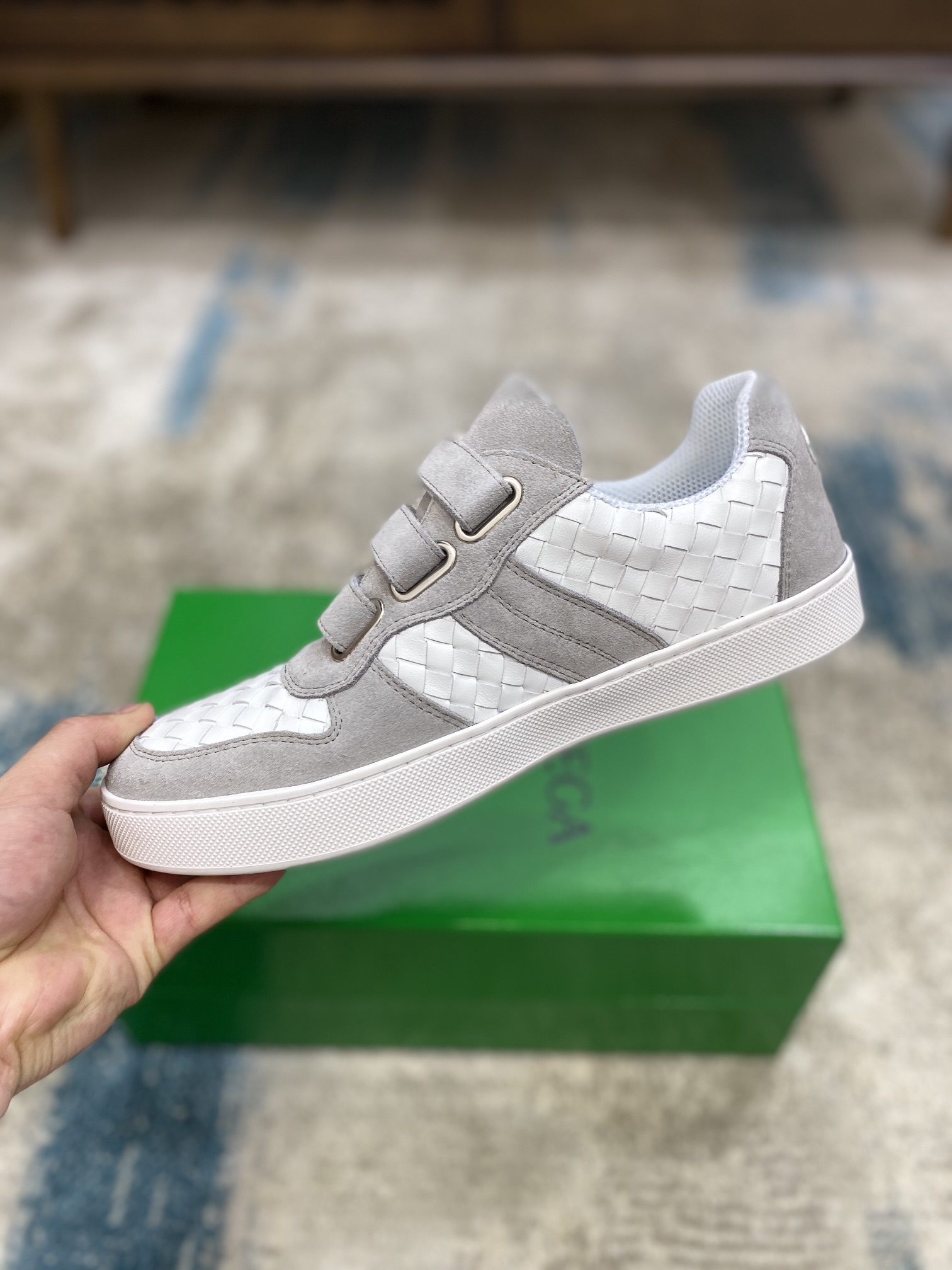 Bottega Veneta Men's Three Closure Straps With Wave Line Sneakers White And Gray For Men - Soul Replicas