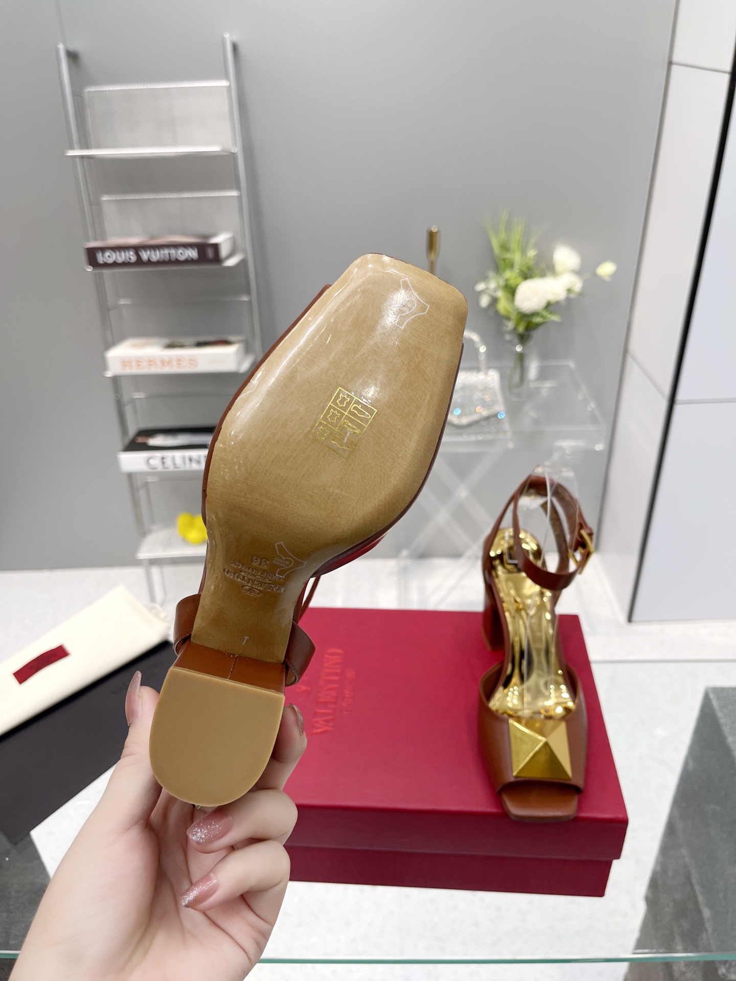 Valentino Garavani One Stud Sandal With Maxi Stud Embellishment Brown For Women XW0S0EI6CYII16 - Soul Replicas