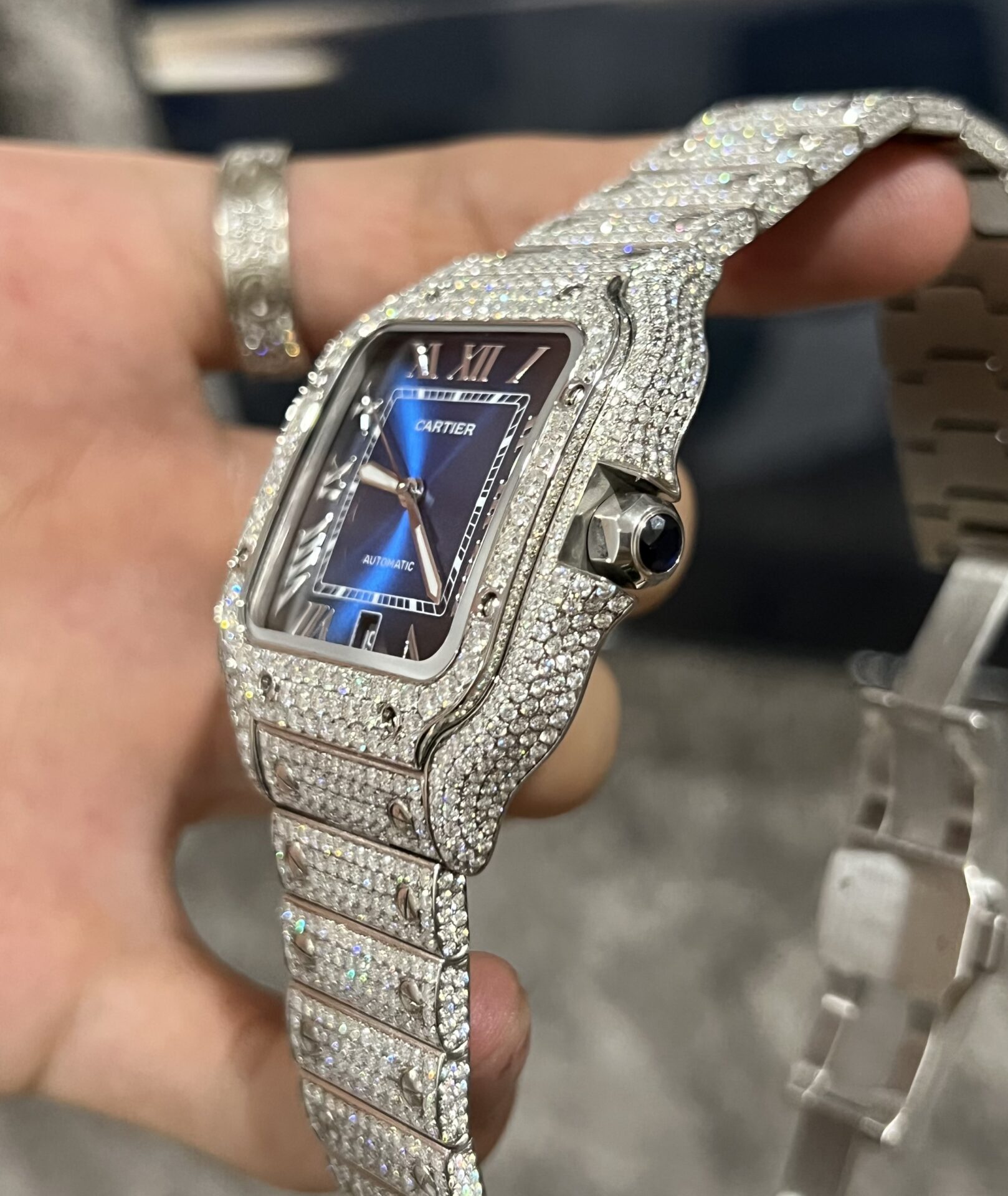 Cartier Santos Best Replica Watch Custom Moissanite Diamonds Blue Dial 39.8mm - Soul Replicas