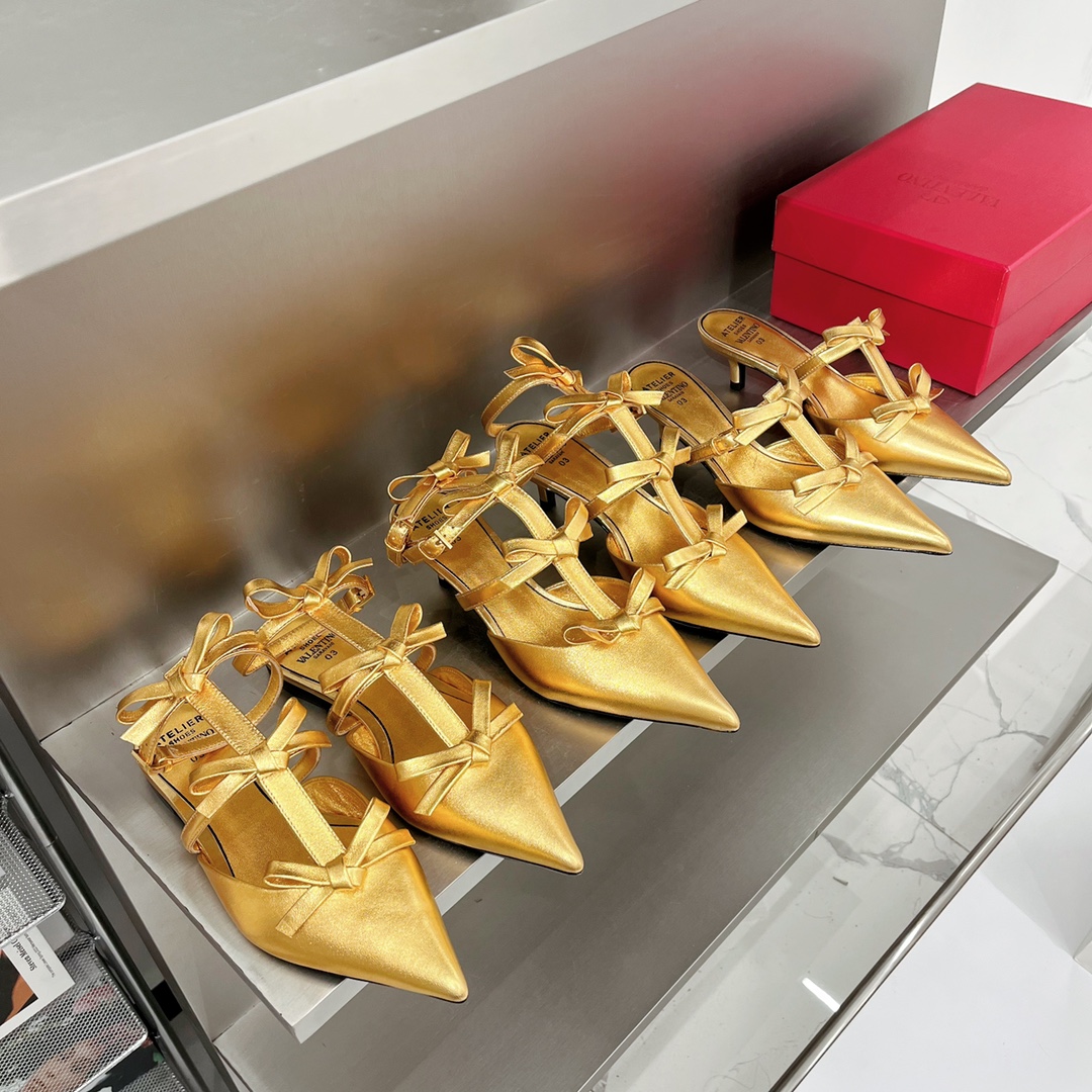 Valentino Garavani Ribbon Strap Stiletto Mule Slipper Gold For Women T024HL146 - Soul Replicas