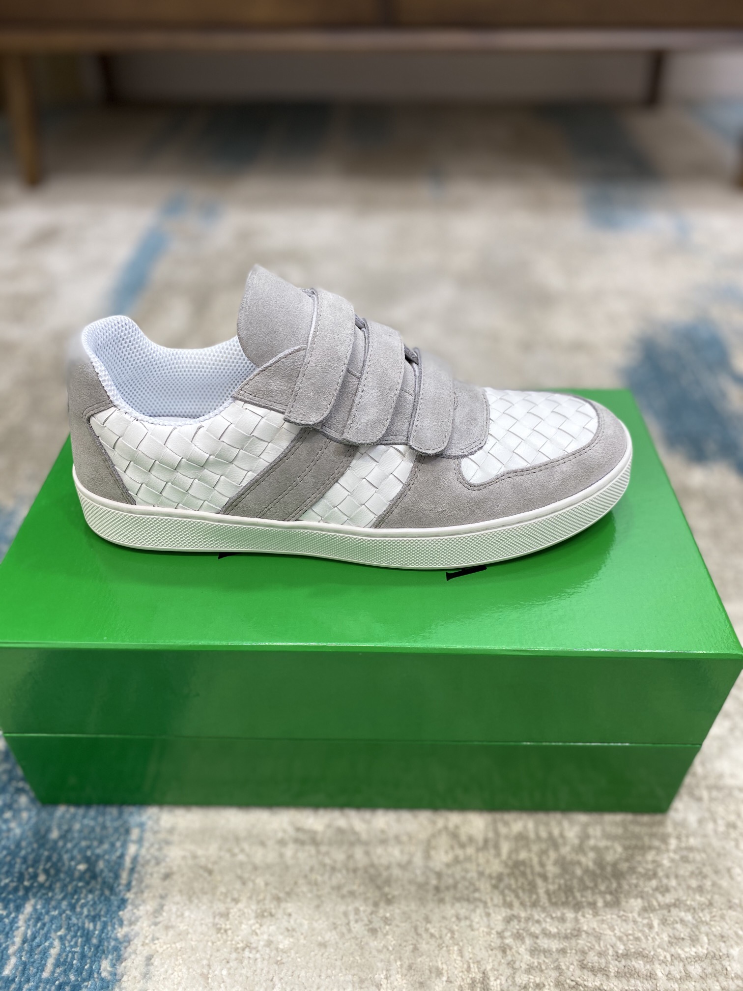 Bottega Veneta Men's Three Closure Straps With Wave Line Sneakers White And Gray For Men - Soul Replicas