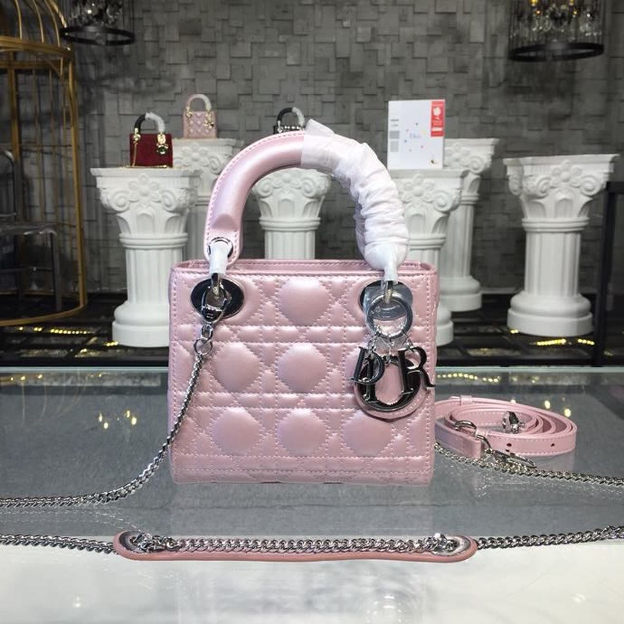 Christian Dior Mini Lady Dior Cannage Quilted Bag with Chain Silver Hardware Pink For Women 6.5in/17cm CD - Soul Replicas