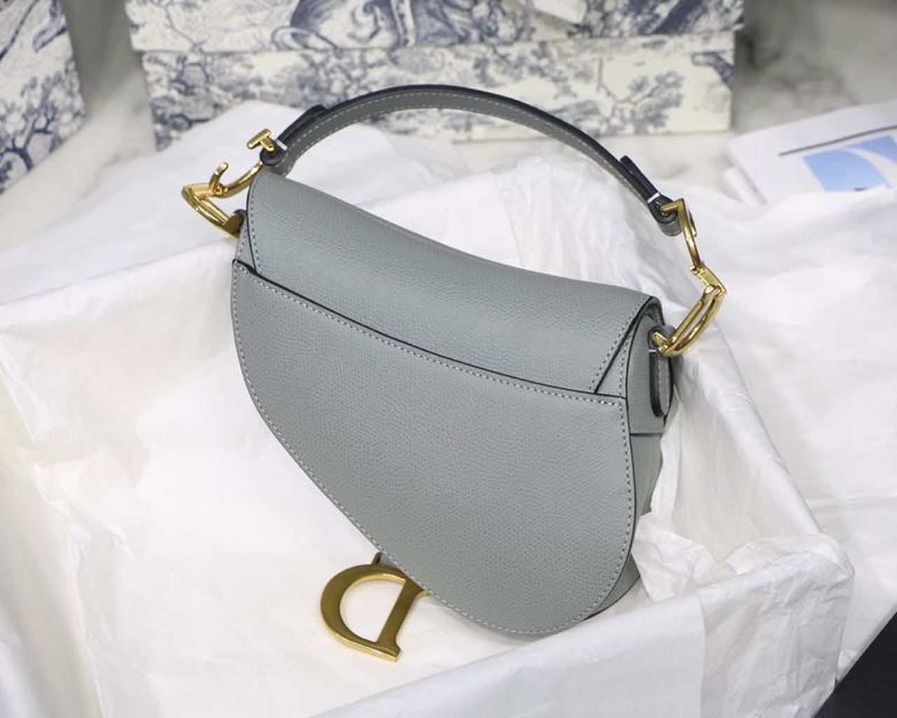 Christian Dior Saddle Bag Light Blue Grained Gold Toned Hardware Canvas For Women 19.5cm/7.6in CD - Soul Replicas