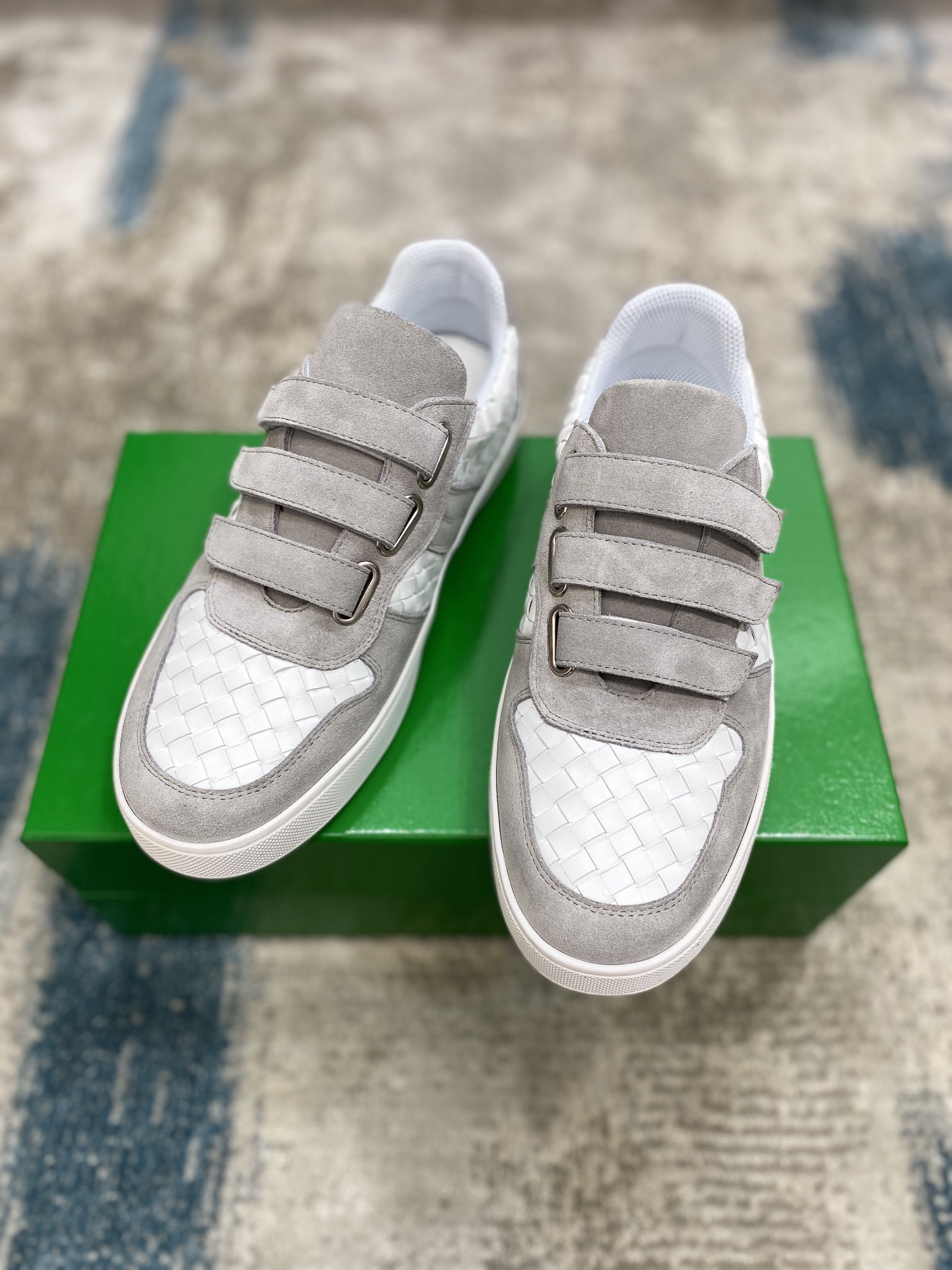 Bottega Veneta Men's Three Closure Straps With Wave Line Sneakers White And Gray For Men - Soul Replicas