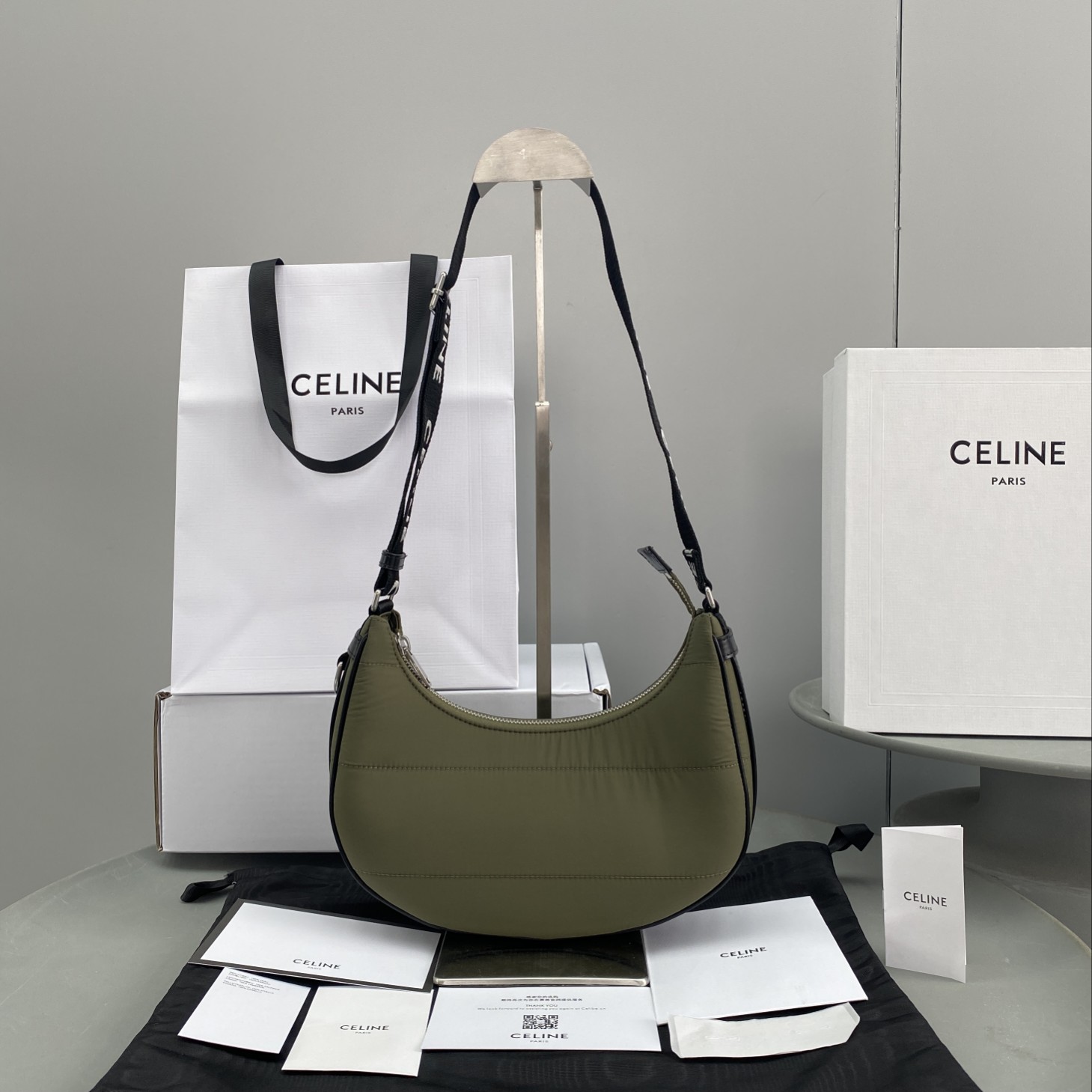 Celine Medium Ava Bag With Celine Strap In Quilted Nylon Khaki For Women 9in/23cm 196972DLI.15KH - Soul Replicas