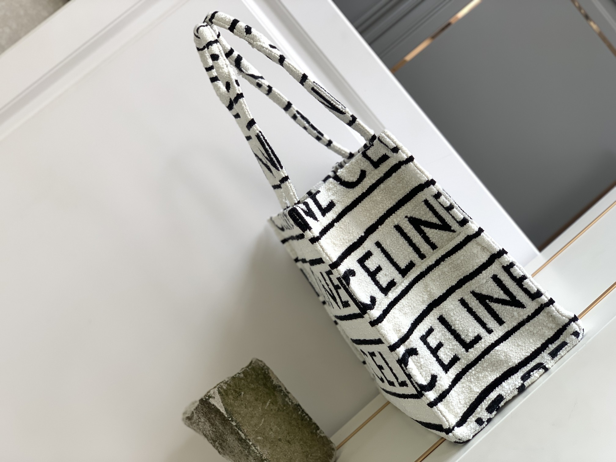 Celine Large Cabas Thais In Textile With Celine All-Over White / Black For Women 16in/41cm - Soul Replicas