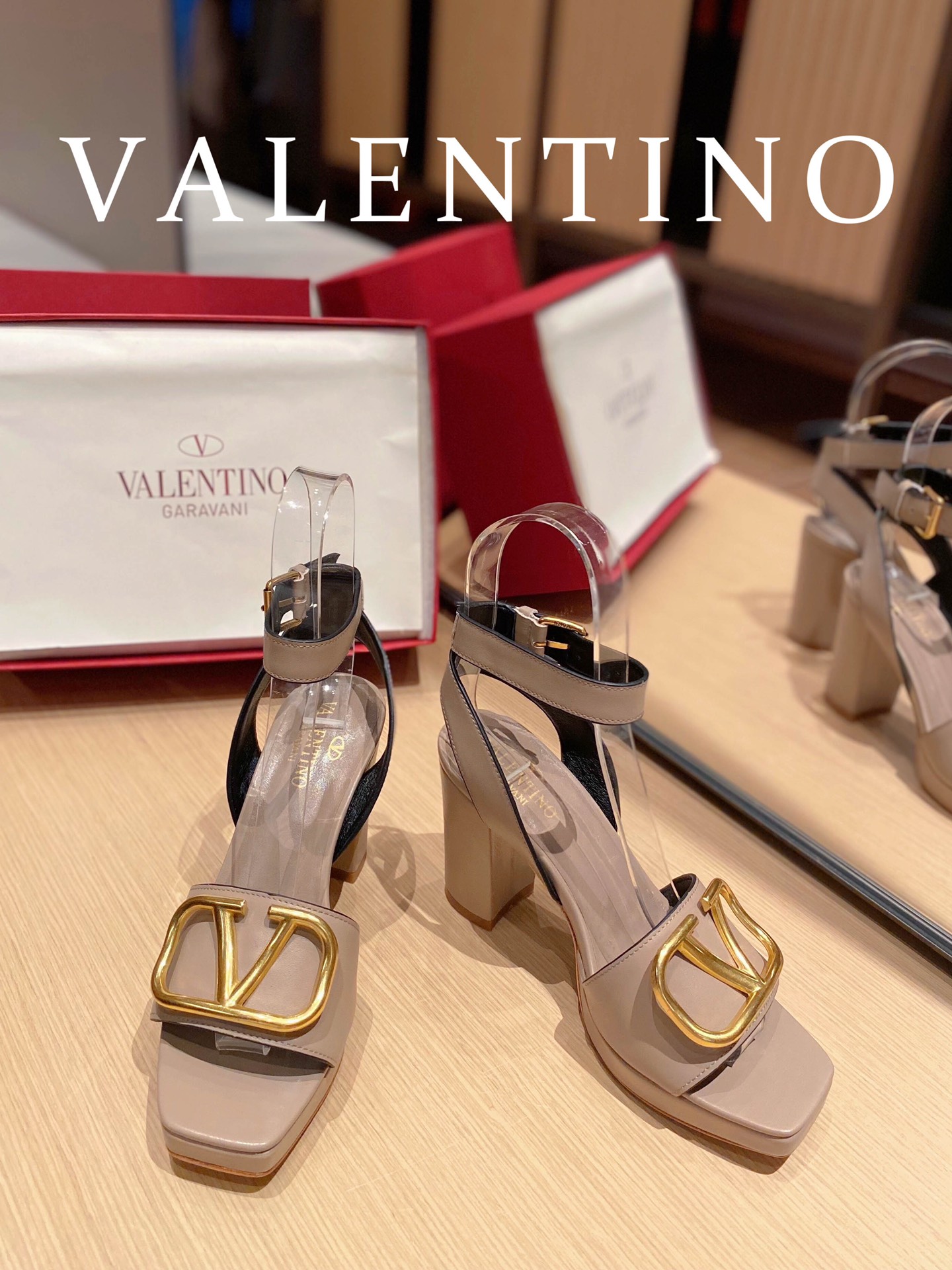 Valentino Garavani Strap Heeled Sandals With V Logo Signature Embellishment Beige For Women - Soul Replicas
