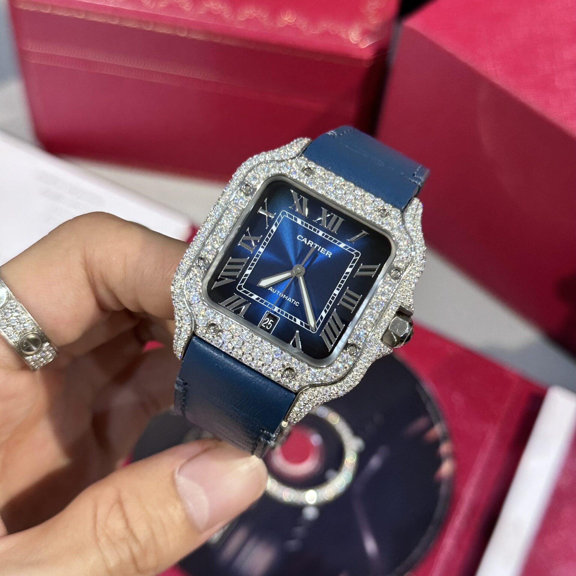 Cartier Santos Replica Watch Blue Dial Custom Moissanite Diamonds 39.8mm - Soul Replicas