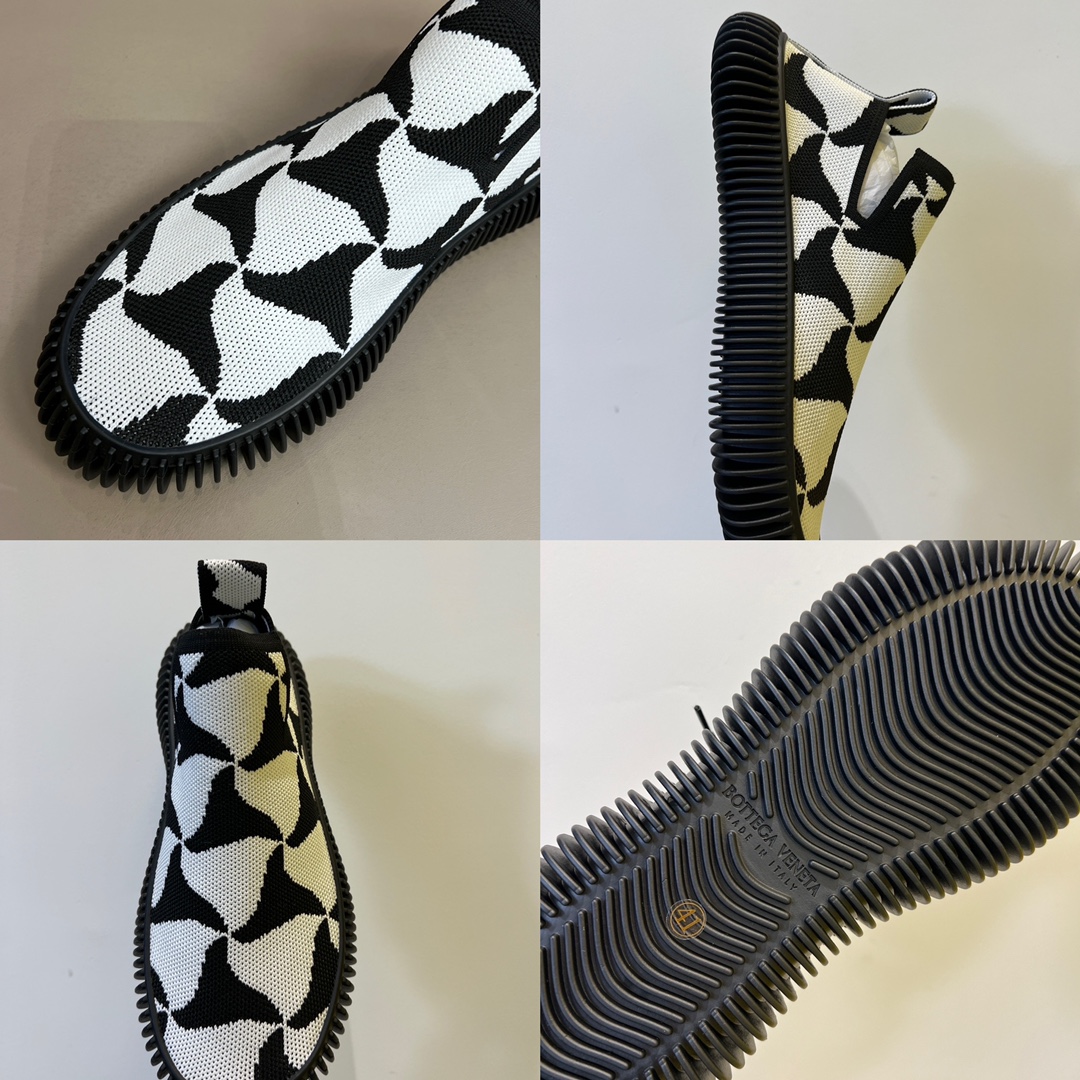 Bottega Veneta Men's Ripple Wavy Triangle Pattern Slip-On Sneakers Black And White For Men 690123V1NW0 - Soul Replicas