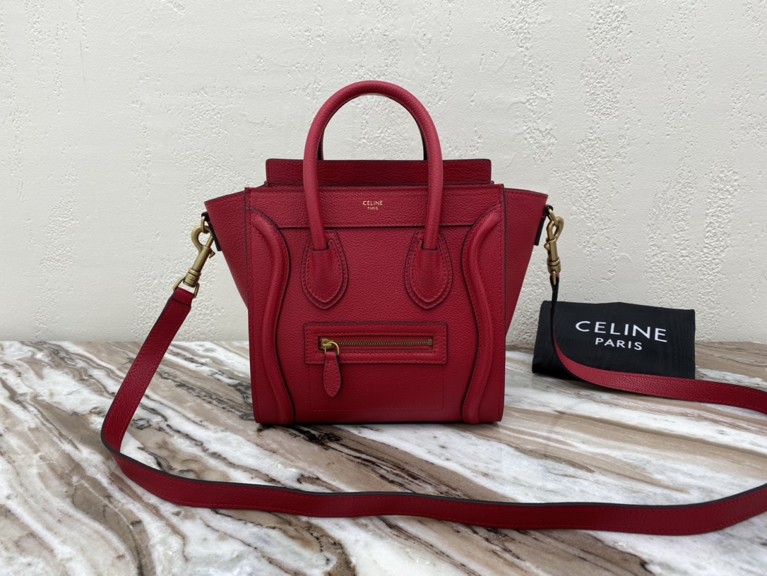 Celine Nano LuGucciage Bag In Drummed Red For Women 8in/20cm  - Soul Replicas