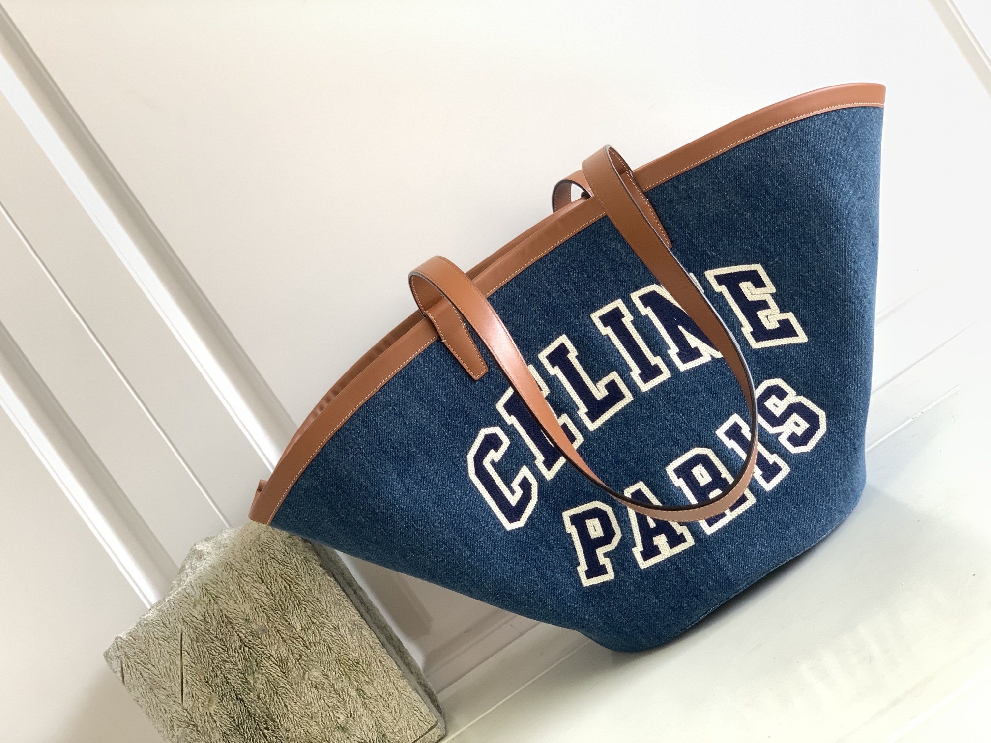 Celine Large Couffin In Denim With Celine Paris Navy / Tan For Women 26in/67cm 196262EF6.07AT - Soul Replicas