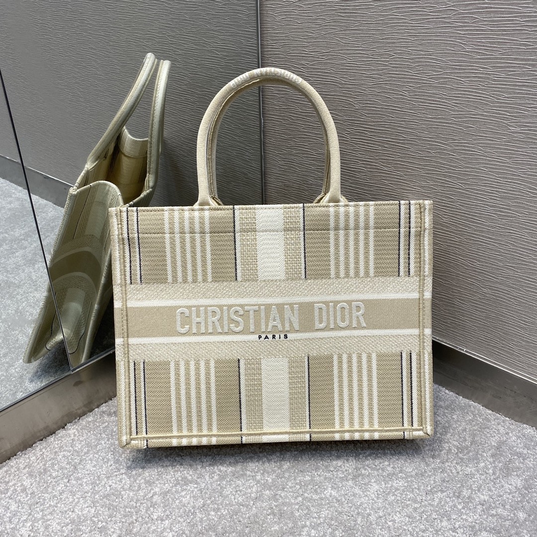 Christian Dior Medium Dior Book Tote Beige Stripes Embroidery Bag For Women 14in/36cm CD - Soul Replicas