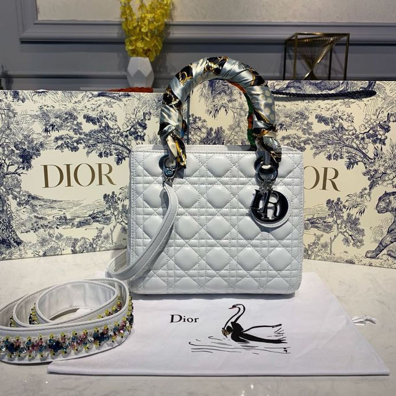 Christian Dior Medium Lady Dior Bag Silver Hardware with Embellished Bag Strap White For Women 9.5in/24cm CD - Soul Replicas