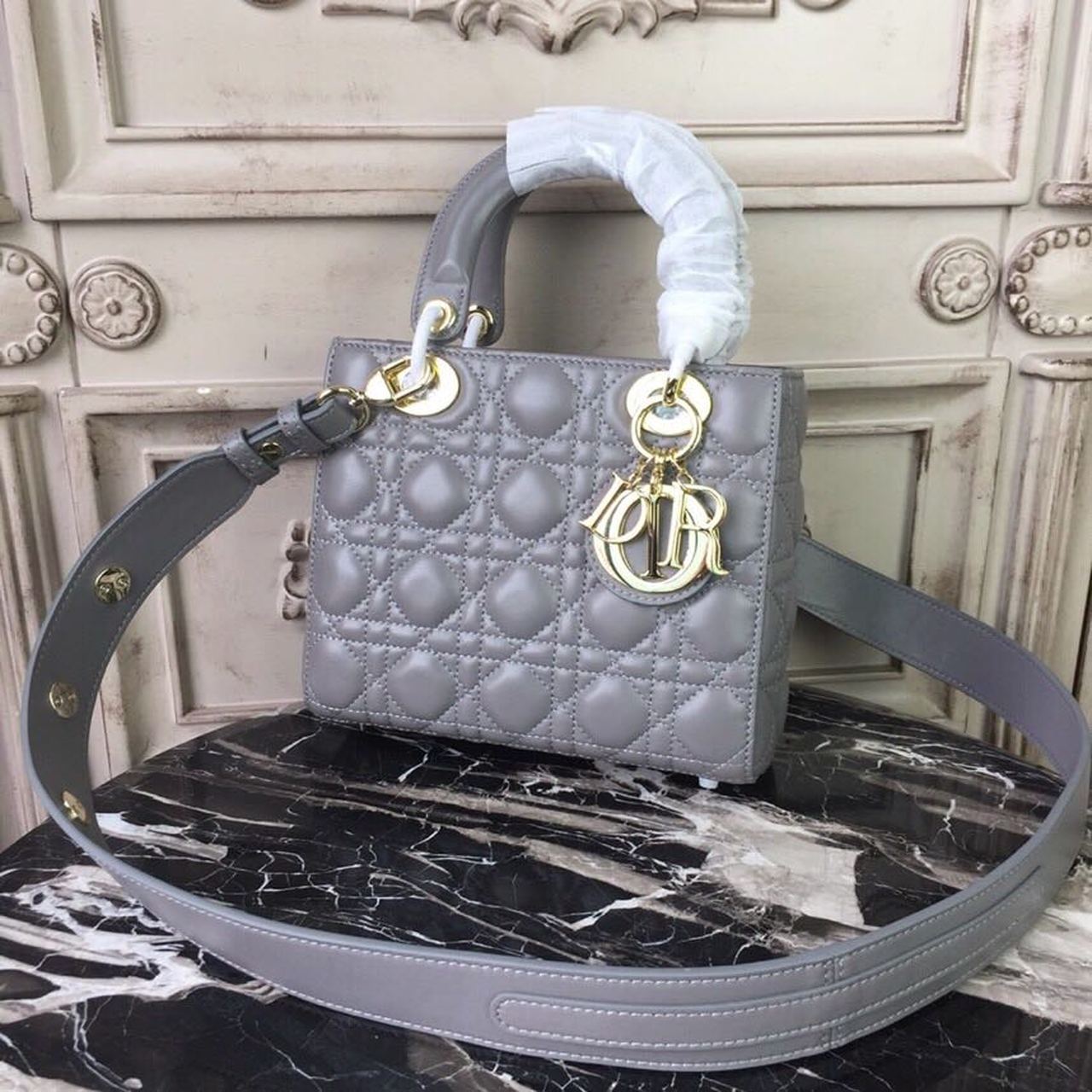 Christian Dior Small Lady Dior Bag Gold Toned Hardware Grey For Women 20cm/8in CD - Soul Replicas